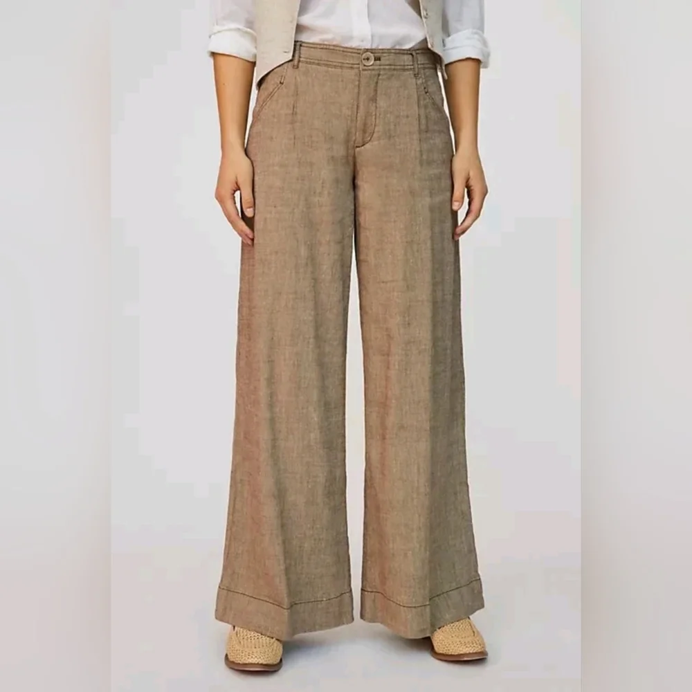 Anthropologie Linen Low-Rise Wide Leg Pants Tan Beige Waist 29 - Picture 5 of 15